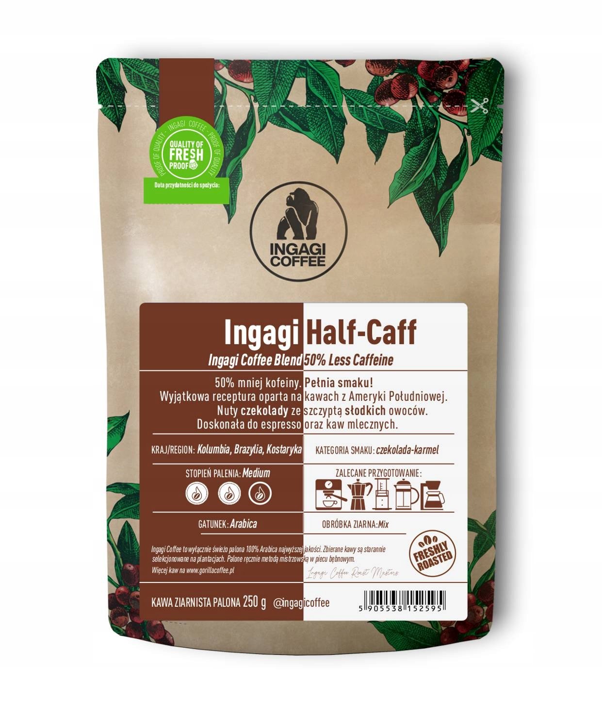 Kawa ziarnista Ingagi Coffee Half-Caff 1kg – Doskonały smak z 50% mniej kofeiny