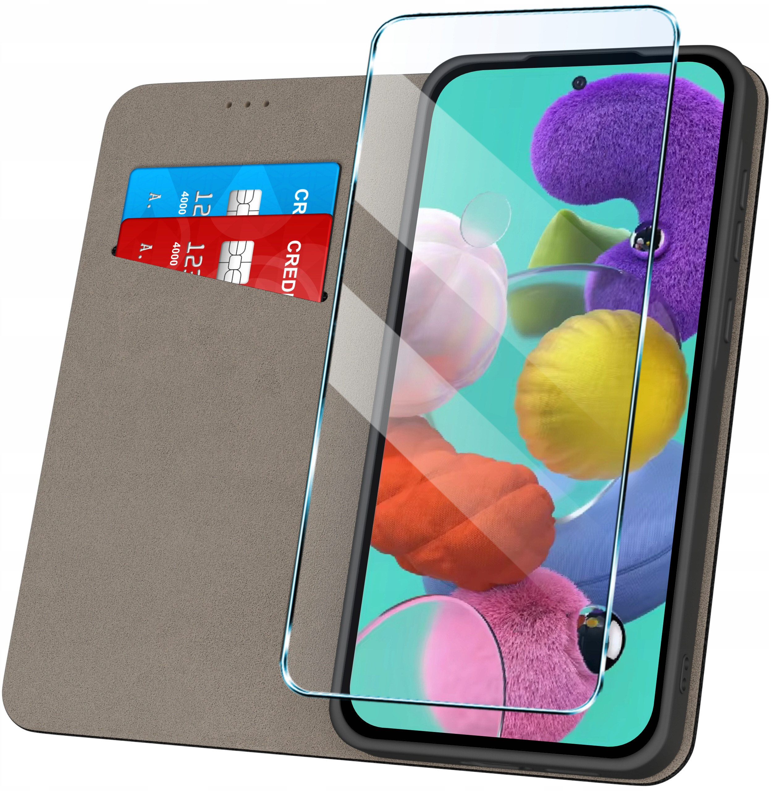 Etui z klapką do Samsung A51 Zamykane Czarne Futerał + Szkło 9H