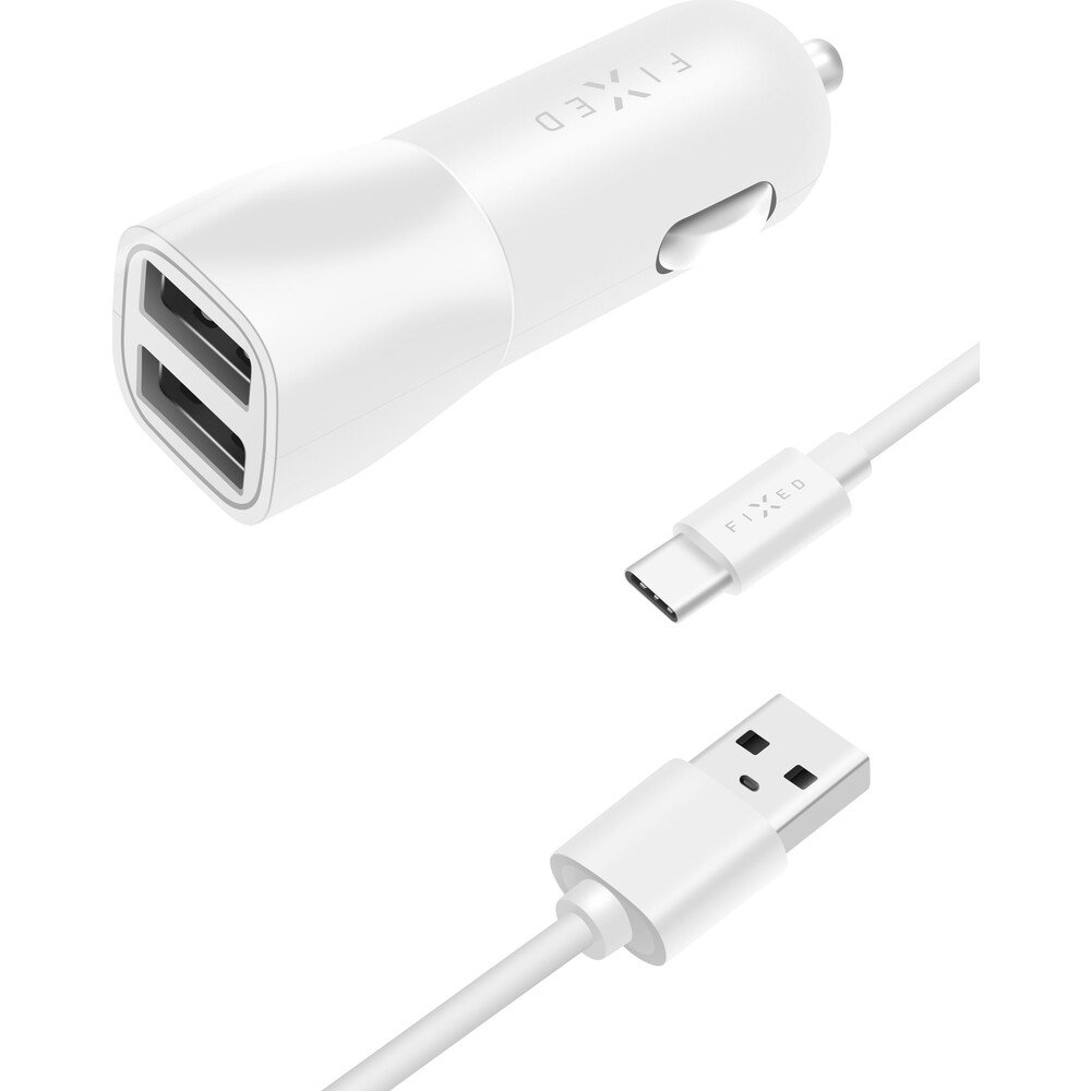 Zestaw ładowarki samochodowej FIXED z wyjściem 2xUSB i kablem USB/USB-C – Szybkie ładowanie w podróży