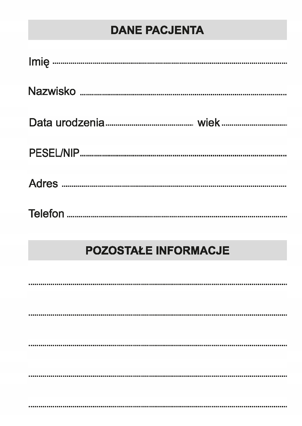 Miejsce na dane pacjenta i notatki dotyczące zdrowia