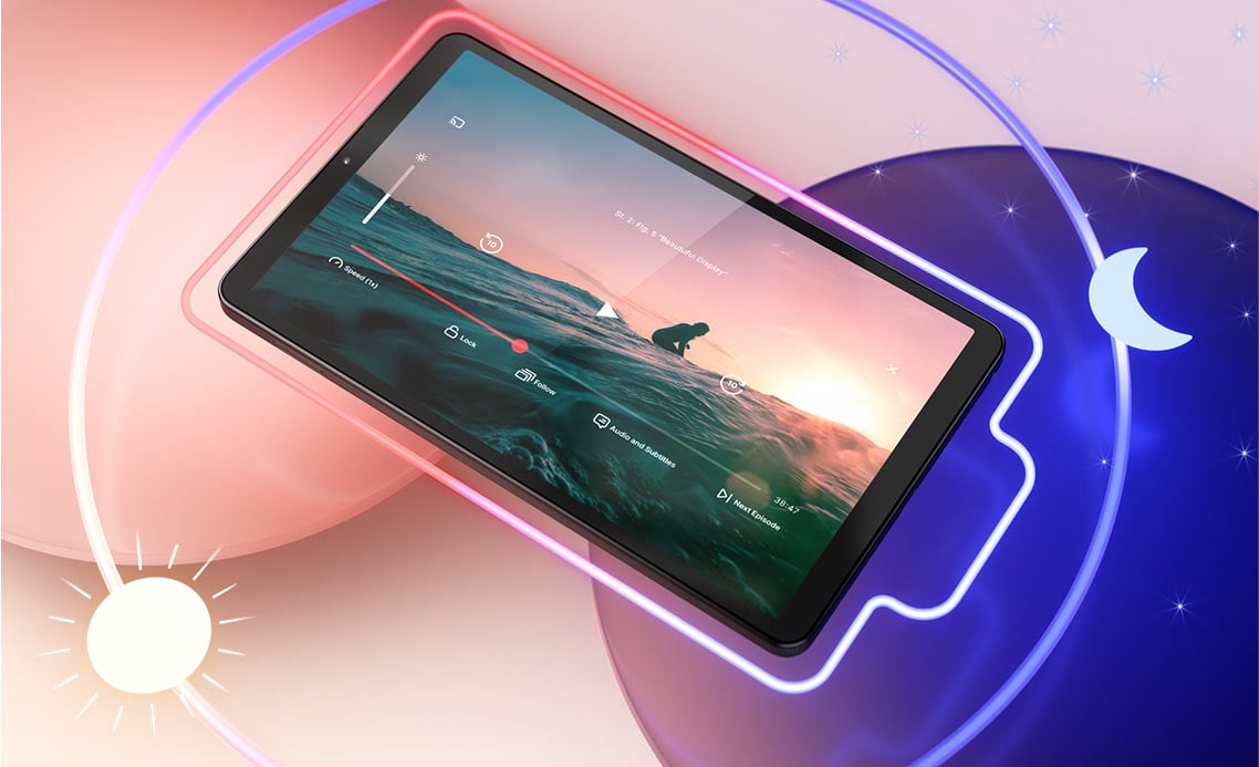 Tablet Lenovo Tab One, na ekranie zdjęcie zachodu słońca, dookoła tabletu ikona baterii