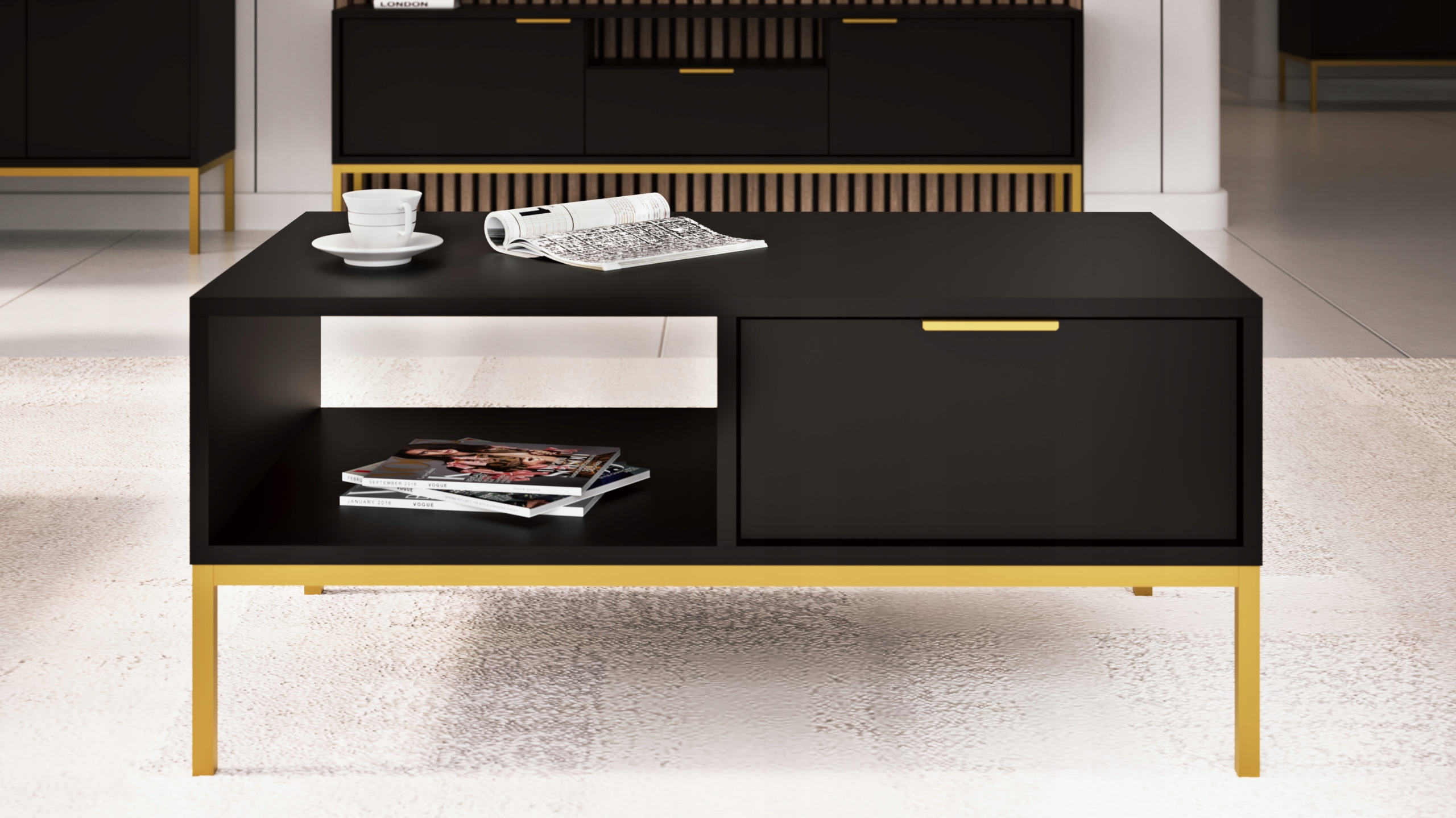 Stolik kawowy AUSTIN 100x60 kaszmir/złoty – Elegancja i funkcjonalność w Twoim salonie
