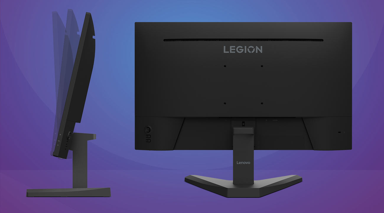 Monitor Lenovo Legion R27s tyłem oraz bokiem, pokazana funkcja regulacji kąta nachylenia