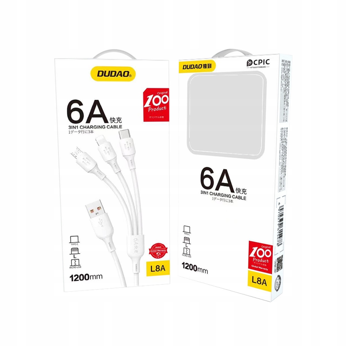 Kabel Dudao L8A-3in1 USB-A - USB-C / micro USB / Lightning 1.2 m Biały – Uniwersalne rozwiązanie do ładowania