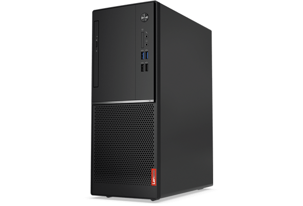 Widok z przodu, wieża desktopowa Lenovo V520 przedstawiająca porty i otwory wentylacyjne.