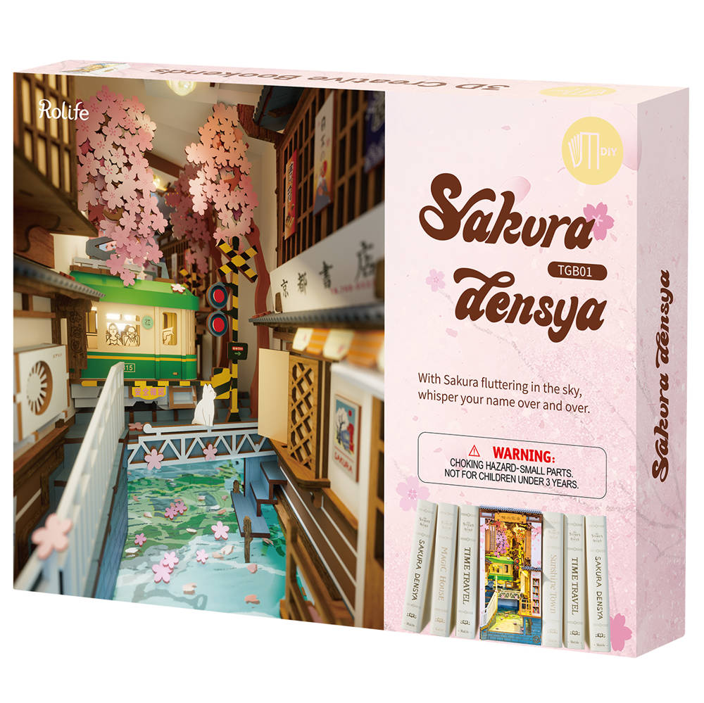 Składany Drewniany Model LED - Book Nook Sakura Densya – Magiczna podróż do Tokio