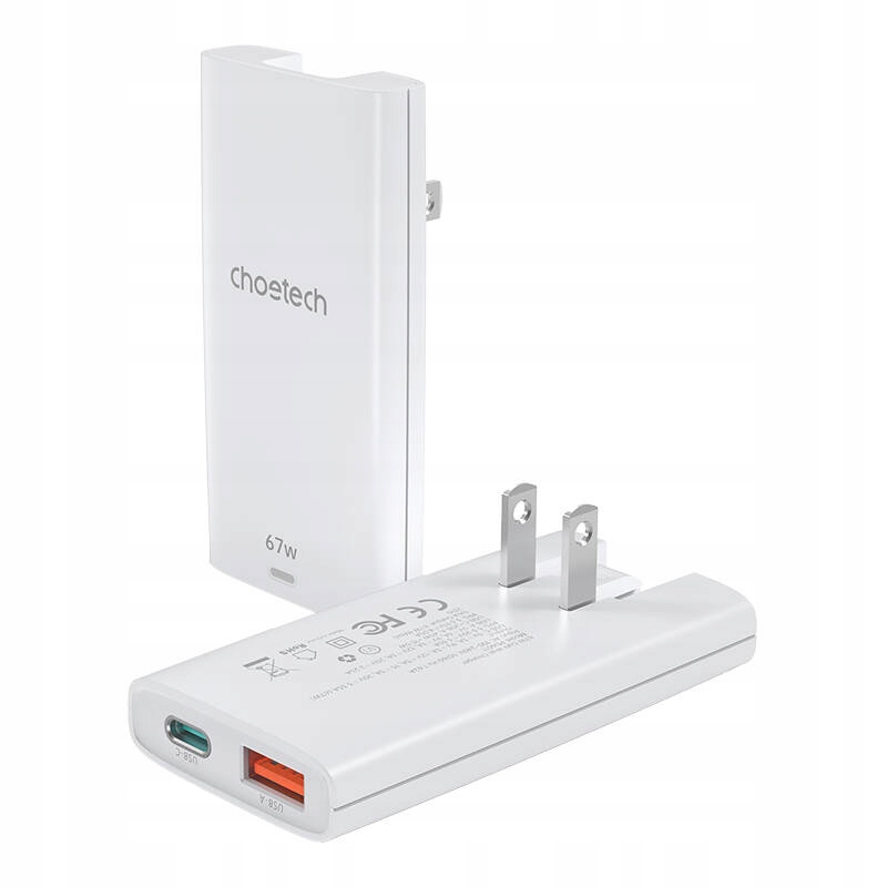 Mini ładowarka sieciowa podróżna Choetech PD6011 PD65W GaN slim USB-A+C (biała) – Idealne rozwiązanie do ładowania w podróży