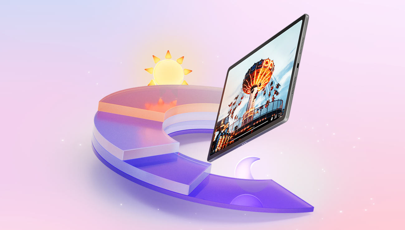 Tablet Idea Tab Plus, na ekranie kolorowa tapeta, pod urządzeniem rysunek pokazujący długi czas działania baterii