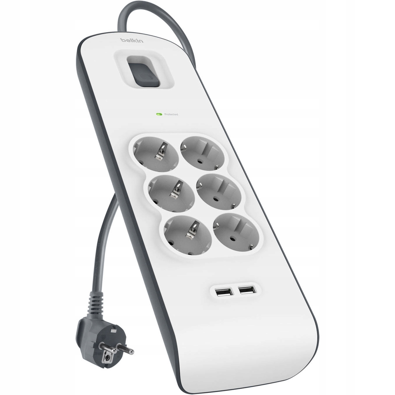 Belkin Listwa zasilająca przeciwprzepięciowa 650J, 6 gniazd Schuko, 2x USB-A – Bezpieczne zasilanie dla Twojej elektroniki