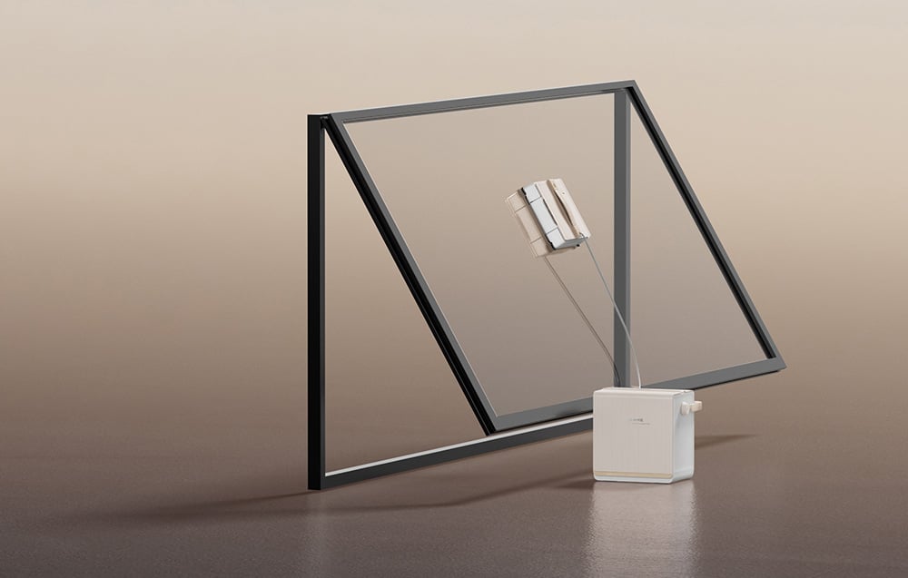 Robot Dreame C1 Station czyszczący uchylone okno, połączony przewodem z jednostką bazową stojącą na podłodze