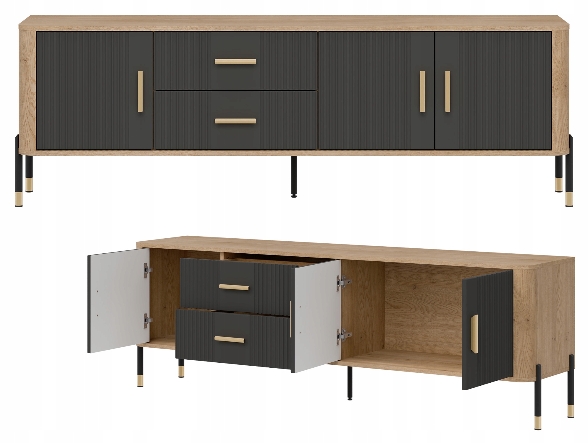 Szafka RTV z szufladami Stolik pod telewizor Dąb Antracyt Złoty DANTE DT02 – Elegancja i funkcjonalność w Twoim salonie