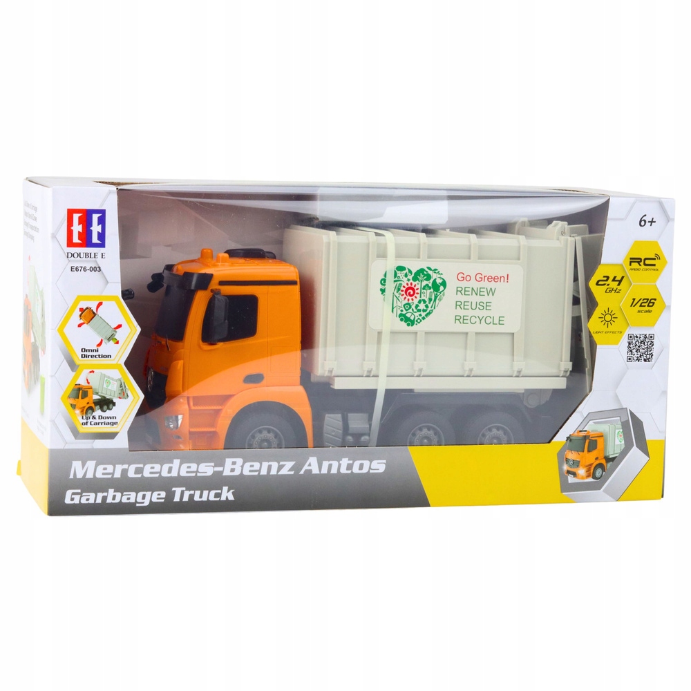 Mercedes-Benz Antos Śmieciarka Zdalnie Sterowana RC Pomarańczowa 1:26 – Realistyczny model dla dzieci