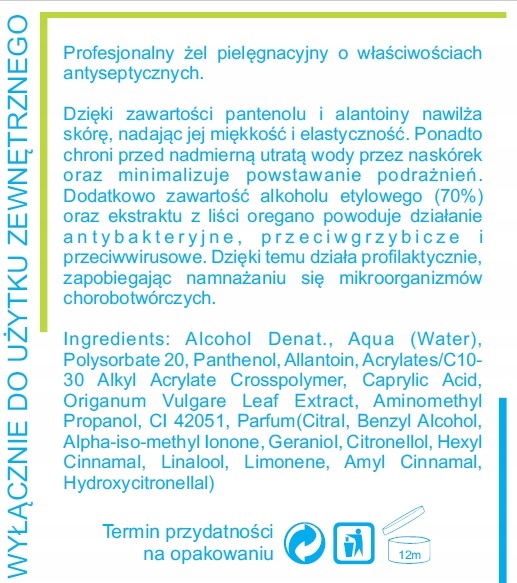ŻEL ANTYBAKTERYJNY DO RĄK 50ML PANTHENOL 70% ALC Postać płyn