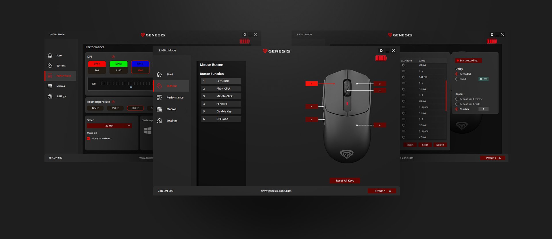 Interfejs konfiguracyjny myszy do gier Genesis Zircon 500 G2, prezentujący konfigurowalne ustawienia i regulacje DPI