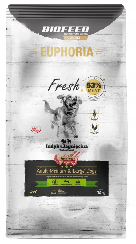 BIOFEED Euphoria Fresh Meat Adult Medium & Large Indyk i Jagnięcina 12kg – Zdrowa karma dla Twojego psa