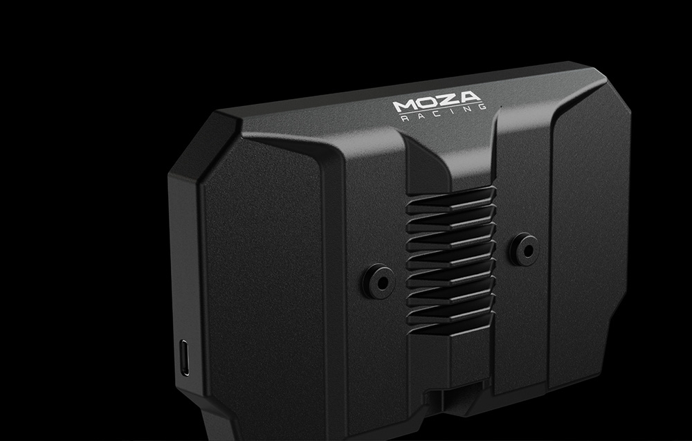 Tył wyświetlacza MOZA RACING na czarnym tle.