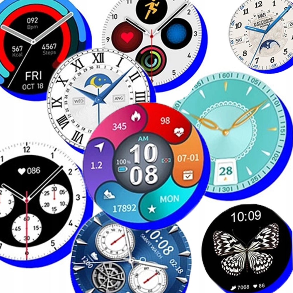 Zestaw zawiera: smartwatch, dwie opaski i ładowarkę