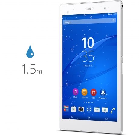 Xperia Z3 Tablet Compact z kropelkami wody i ikona wodoszczelności do 1,5 m