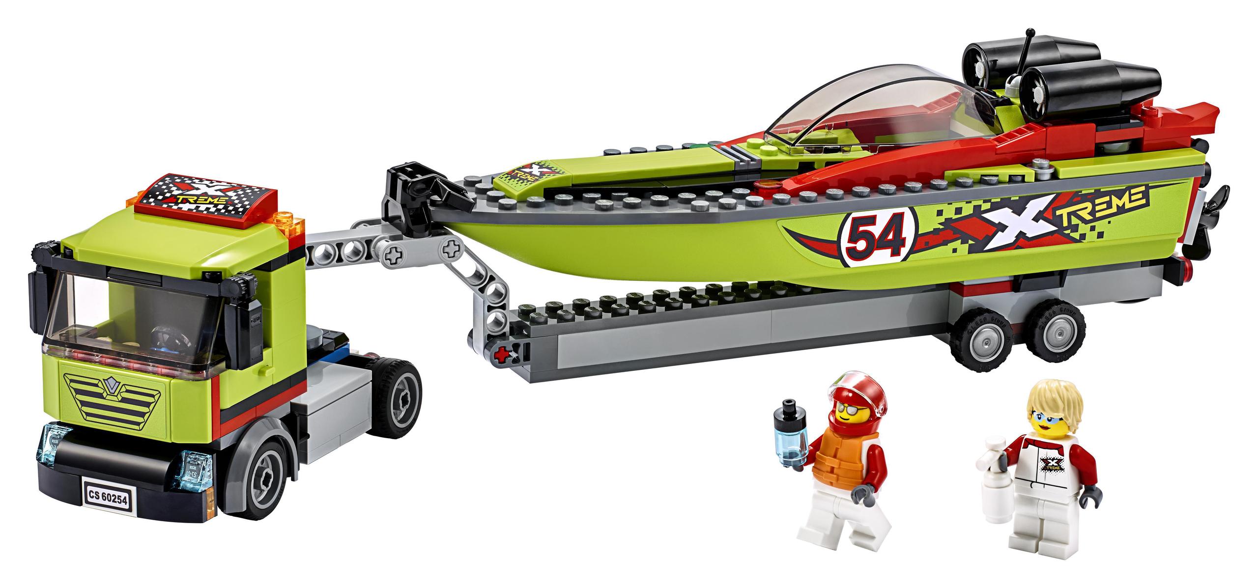 Zestaw LEGO z mocnym transporterem i aerodynamiczną łodzią wyścigową