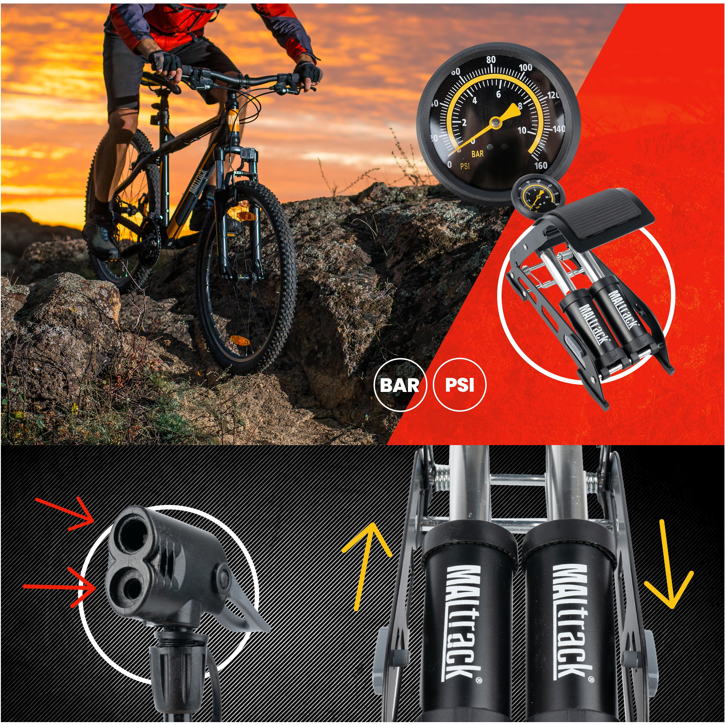 POMPKA ROWEROWA NOŻNA Z MANOMETREM DWUTŁOKOWA DO ROWERU SAMOCHODU MATERACA Kolor dominujący czarny