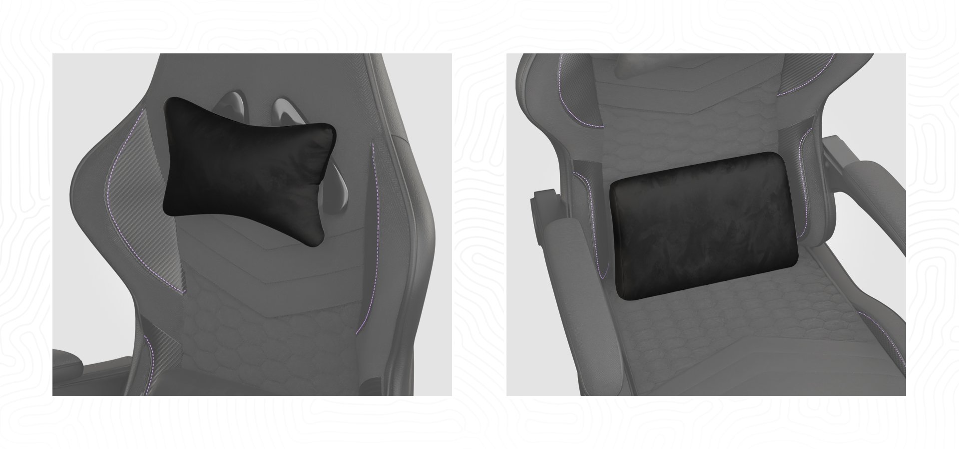 Dwa widoki czarnego fotela gamingowego FURY SHINAI S4, prezentujące jego ergonomiczną konstrukcję i zdejmowane poduszki.