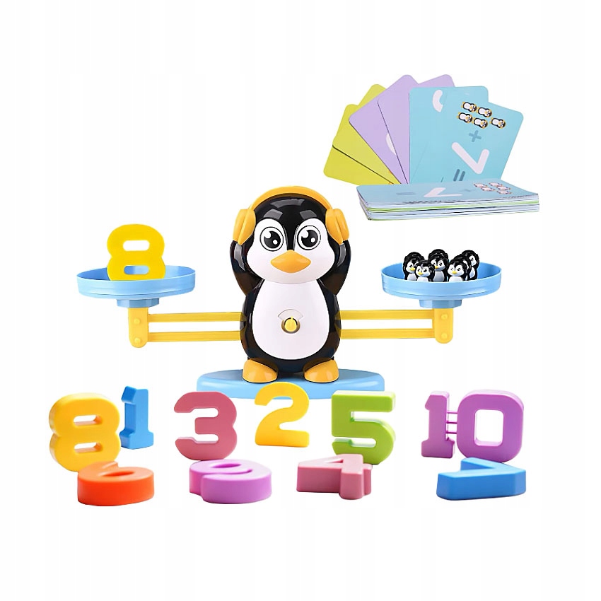 Kolorowy zestaw z wagą i odważnikami w kształcie pingwinów