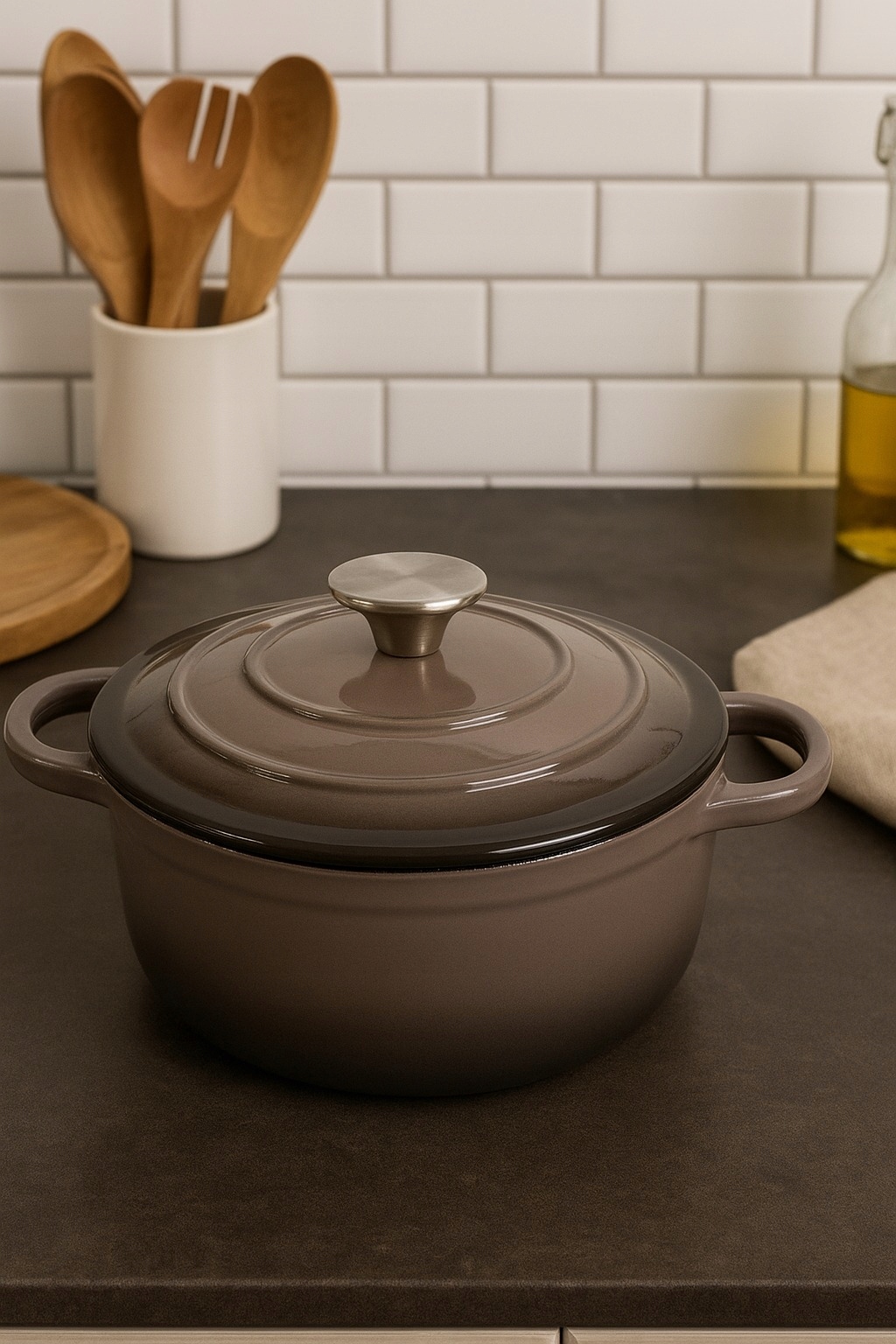 Materiał i kolor – Żeliwo emaliowane w eleganckim szarym odcieniu