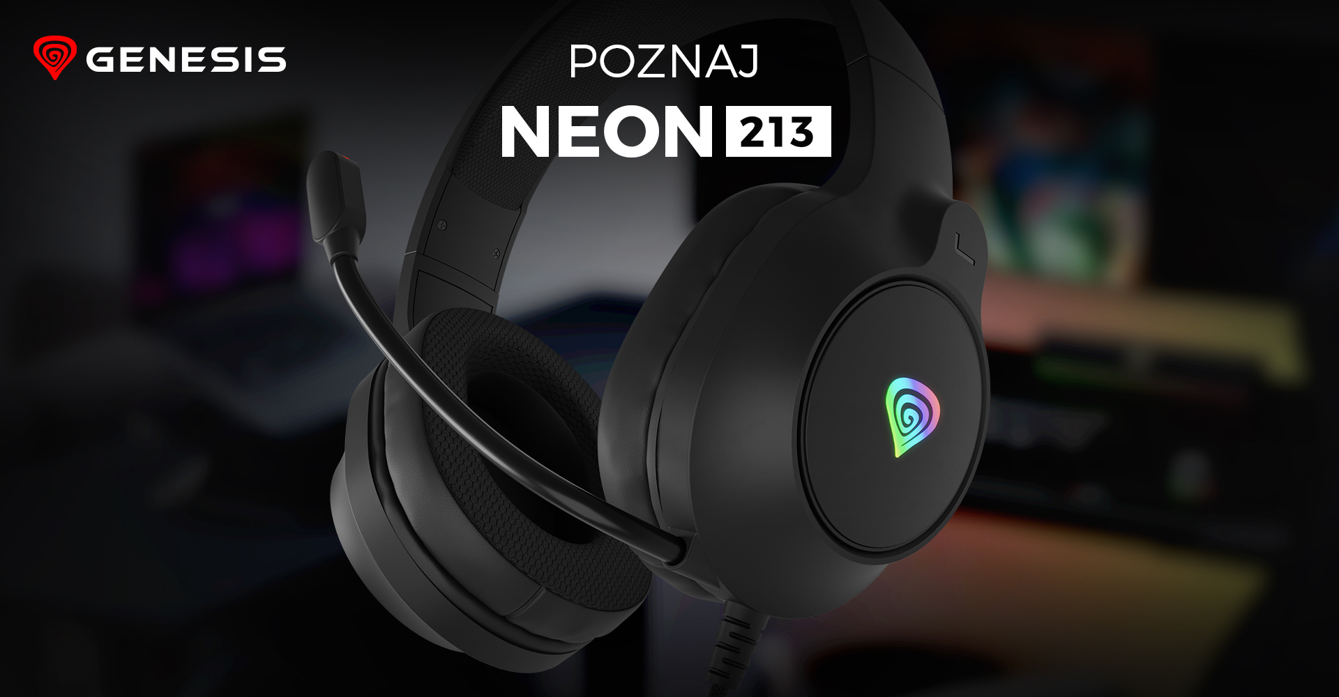 Czarne słuchawki nauszne Genesis Neon 213 RGB z mikrofonem i kolorowym podświetleniem LED