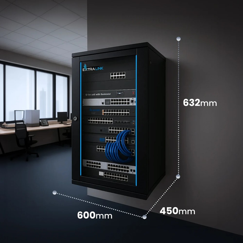 Wisząca szafa rack Extralink 12U o wymiarach 632×600×450 mm, zamontowana na ścianie w biurze z widocznym okablowaniem
