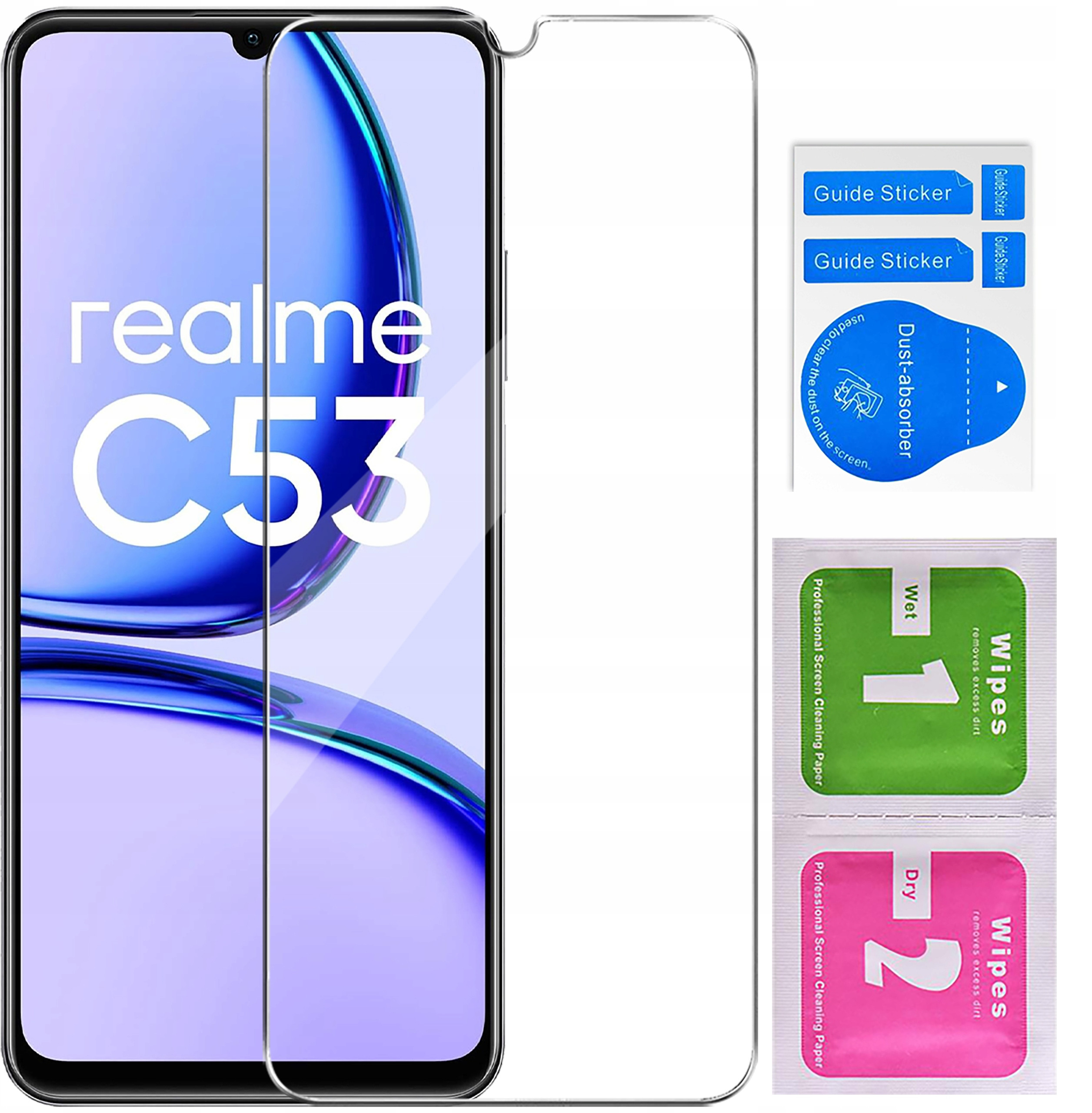 Zestaw zawiera etui, szkło hartowane i akcesoria do czyszczenia