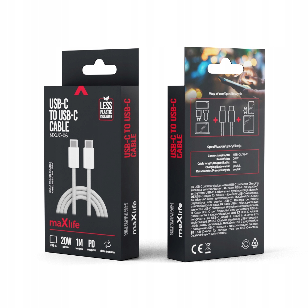Maxlife kabel MXUC-06 USB-C - USB-C 1,0 m 20W szary nylonowy – Wydajność i styl w jednym
