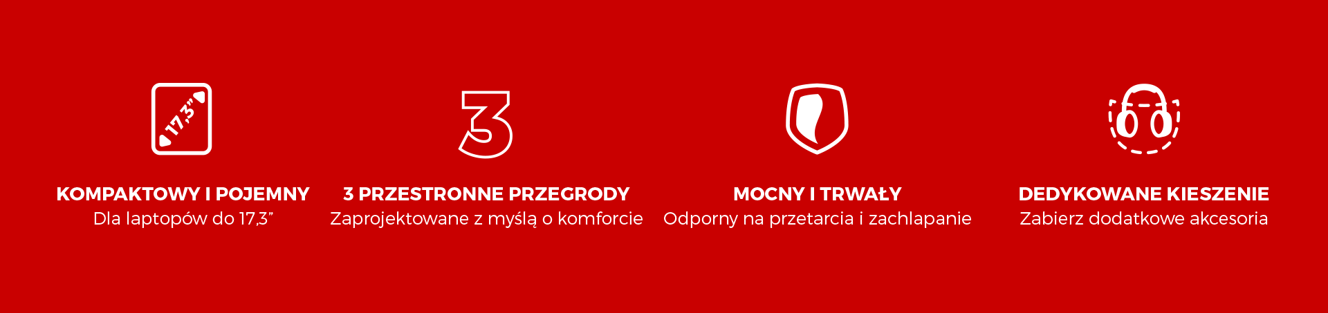 Czerwone tło z czterema ikonami przedstawiającymi cechy torby na laptopa.