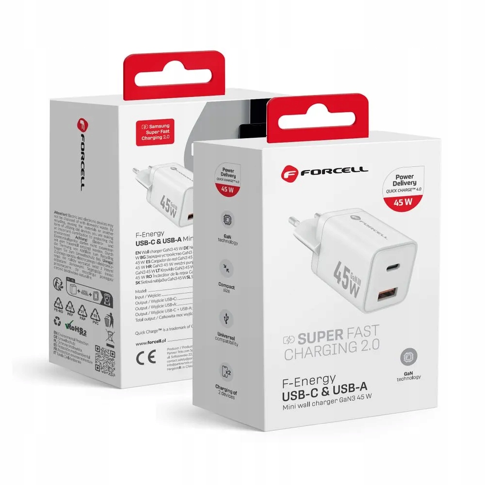 Ładowarka sieciowa Forcell F-Energy Mini GaN III USB C + USB A PD QC4.0 45W – Szybkie ładowanie w kompaktowej formie