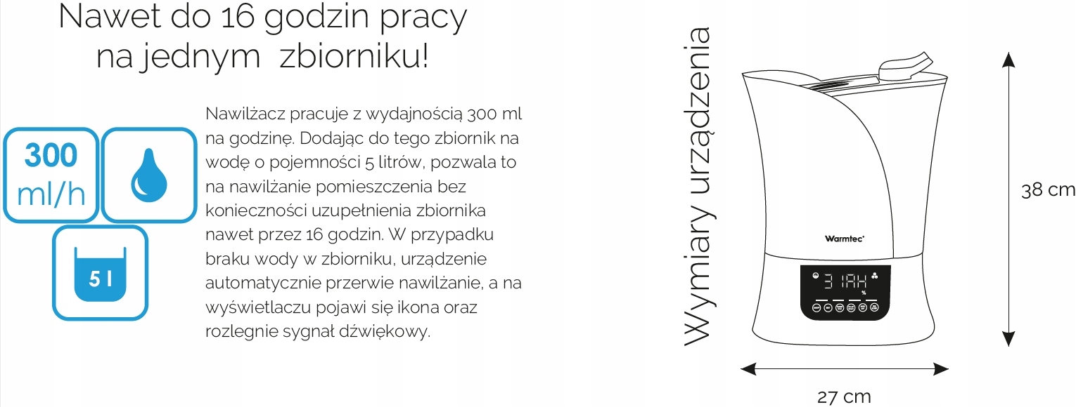Wydajność nawilżacza – 300 ml/h i pojemność zbiornika 5 l