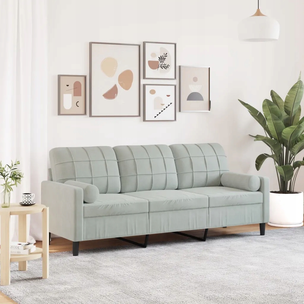 3-osobowa sofa z poduszkami, jasnoszara, 180 cm, aksamit – Komfort i styl w Twoim wnętrzu