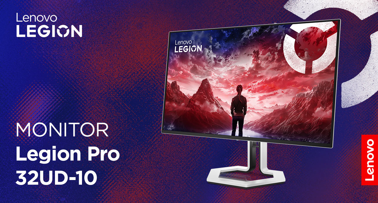 Monitor Lenovo Legion Pro 32UD-10 z wizualizacją gry komputerowej na ekranie