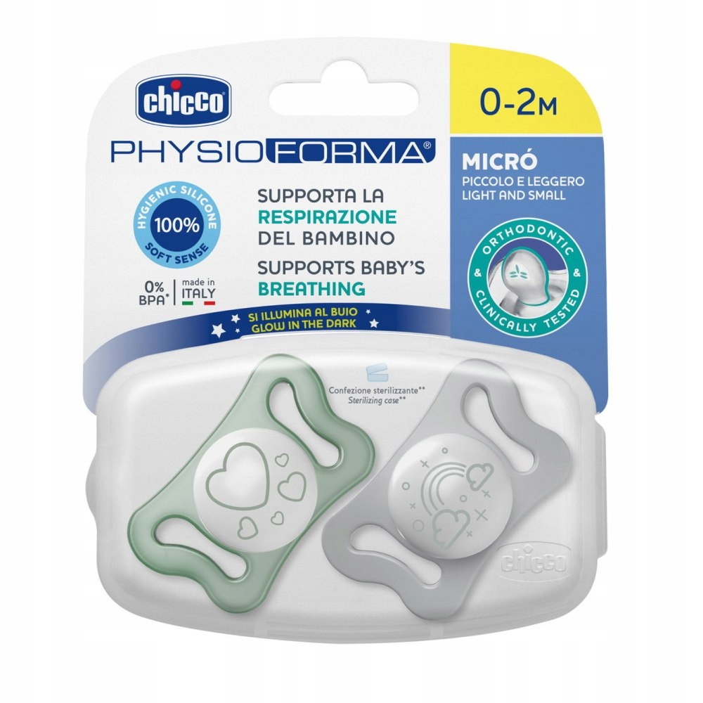 Chicco 156276 Smoczek Physio Micro Świecący Silikonowy 0-2 – Komfort i bezpieczeństwo dla noworodków