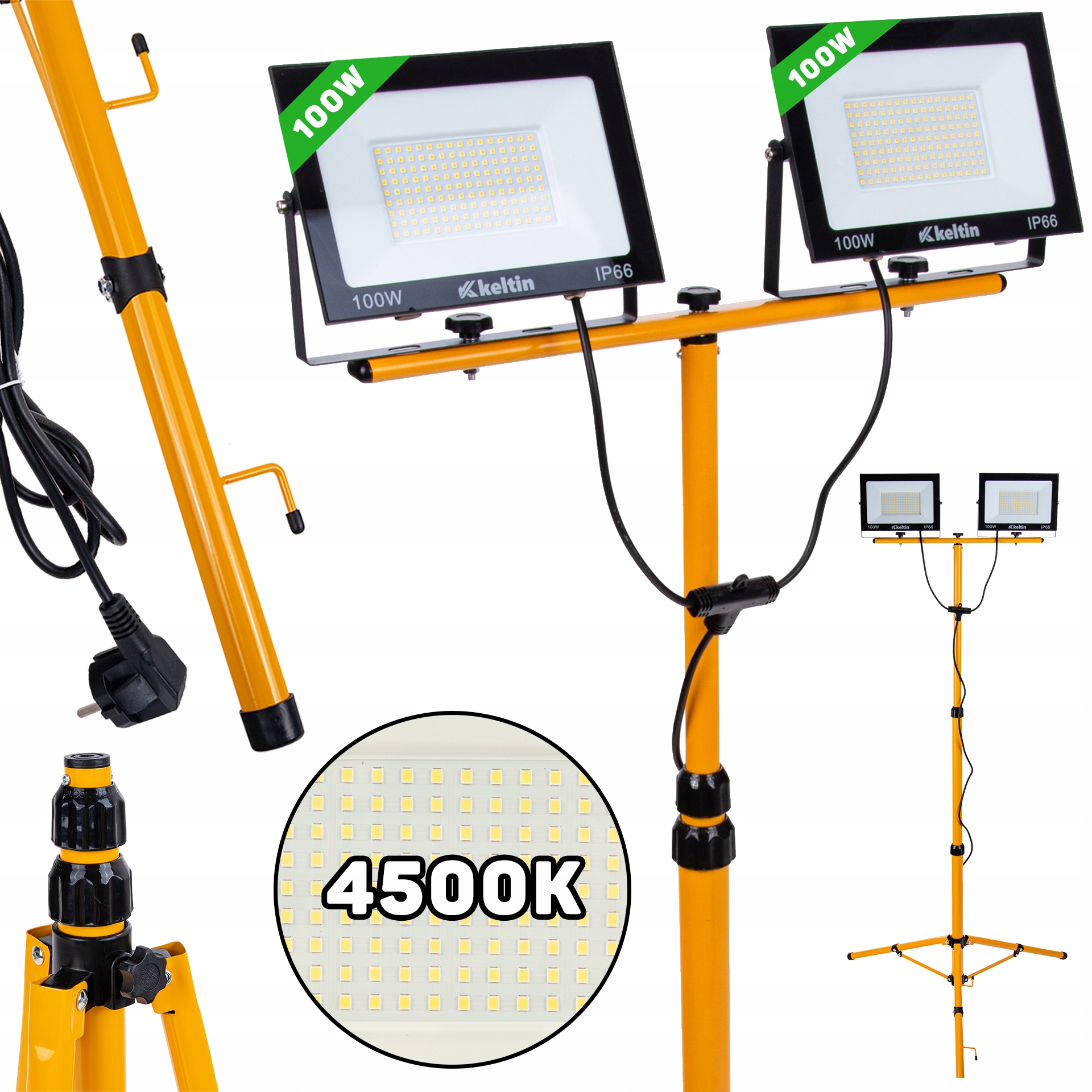 Naświetlacz LED 2x100W ze statywem budowlanym teleskopowym – Wydajne oświetlenie robocze