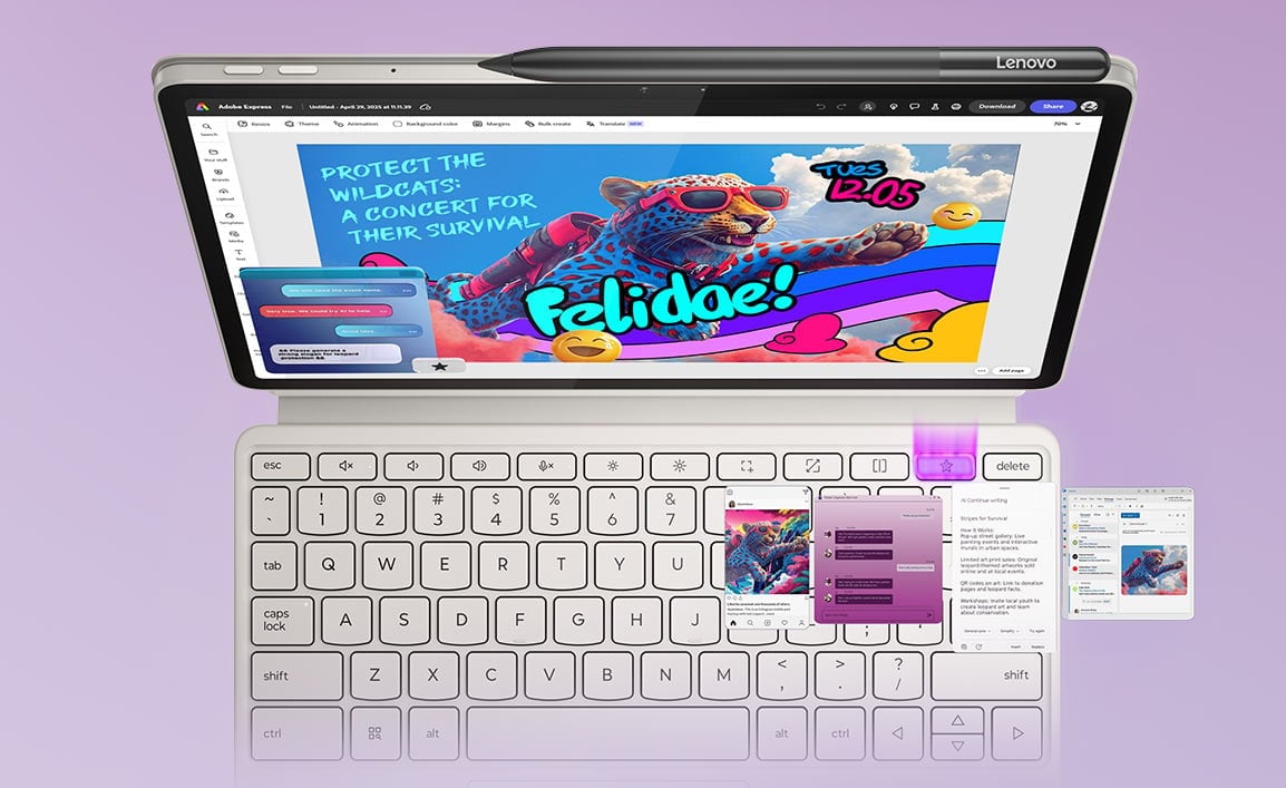Tablet Yoga Tab z podłączoną klawiaturą widziany z góry, na ekranie kolorowa tapeta