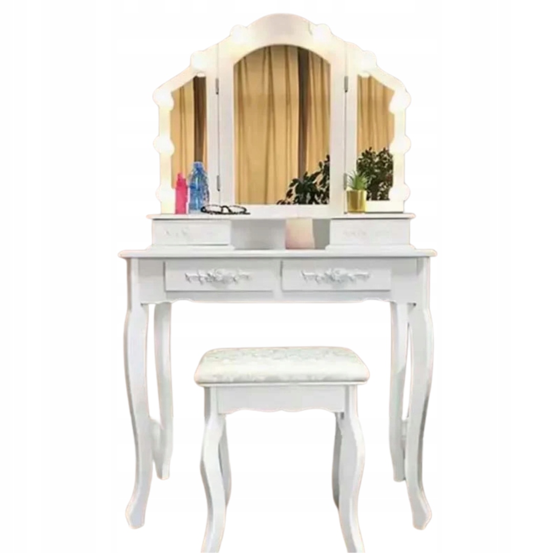 Toaletka Kosmetyczna 3 Lustra Składane Tryptyk Taboret LED do Makijażu – Elegancja i funkcjonalność w Twojej sypialni