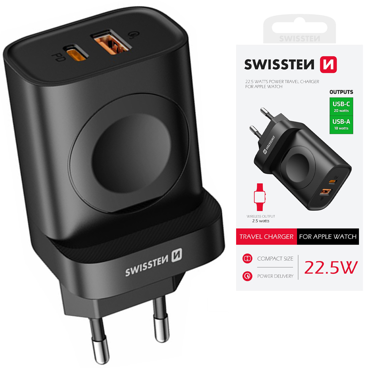 Zasilacz do laptopa Sourcing Swissten Travel Network Charger USB-A / USB-C / iWatch – Innowacyjne rozwiązanie do ładowania