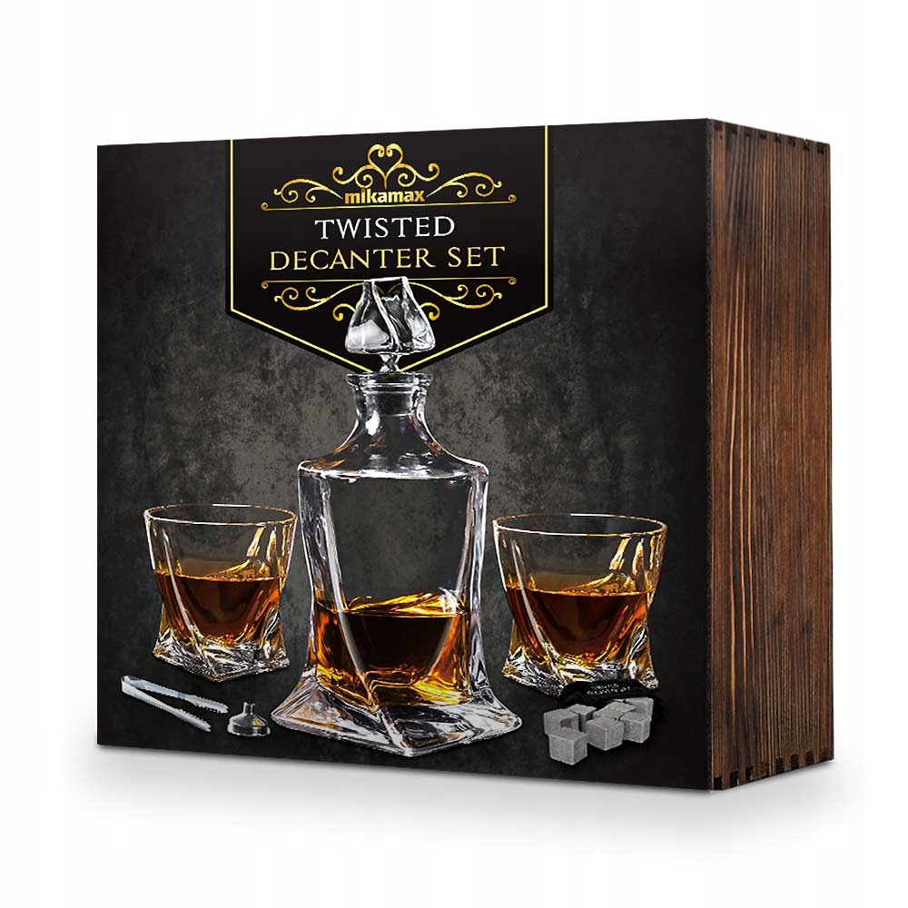 Zestaw TWISTED do Whisky: Karafka + Dwie Szklanki + Kamienie + Szczypce + Skrzynia – Luksus w Twoim Domu