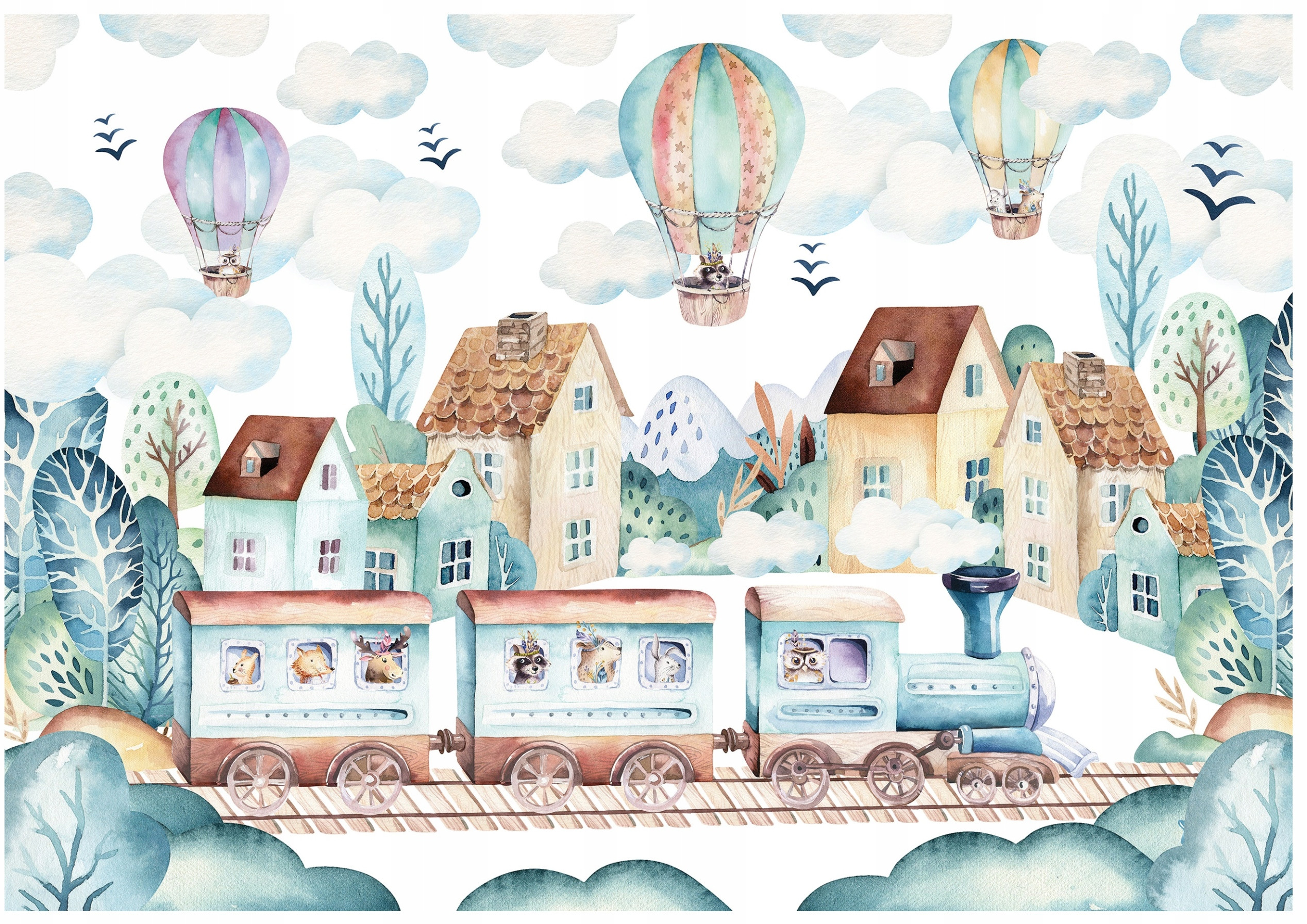 Fototapeta dla dzieci Skandynawska Pociąg Balony – Stwórz magiczny świat w pokoju dziecka