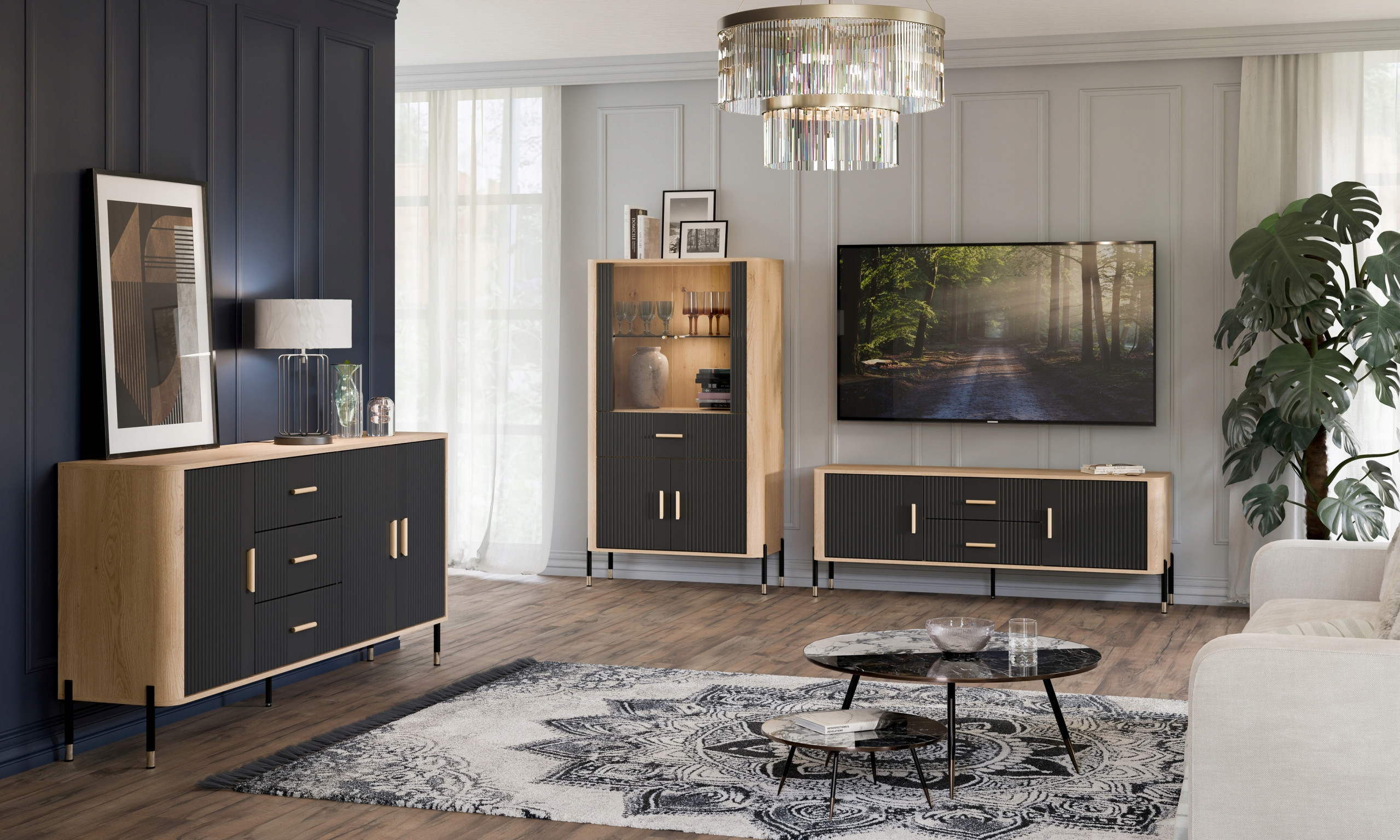 Komoda Szafka dwudrzwiowa z 3 szufladami Dąb Antracyt Złoty DANTE DT06 – Elegancja i funkcjonalność w Twoim wnętrzu