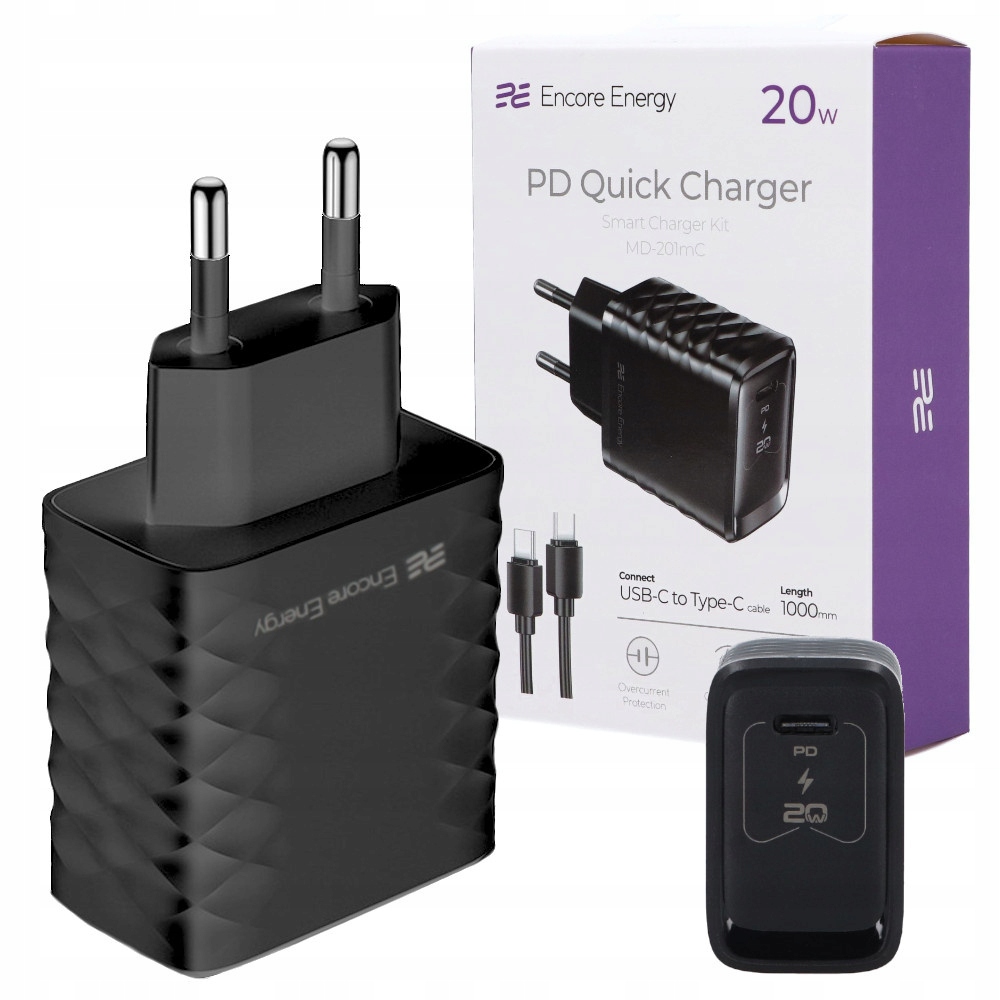 Ładowarka sieciowa 20W USB-C QC PD + kabel USB-C 100cm Encore Energy MD-201mC – Szybkie ładowanie w zasięgu ręki
