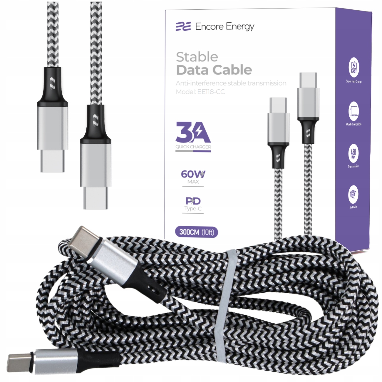Kabel Encore Energy USB-C x2 3A 60W – Szybkie ładowanie i transfer danych