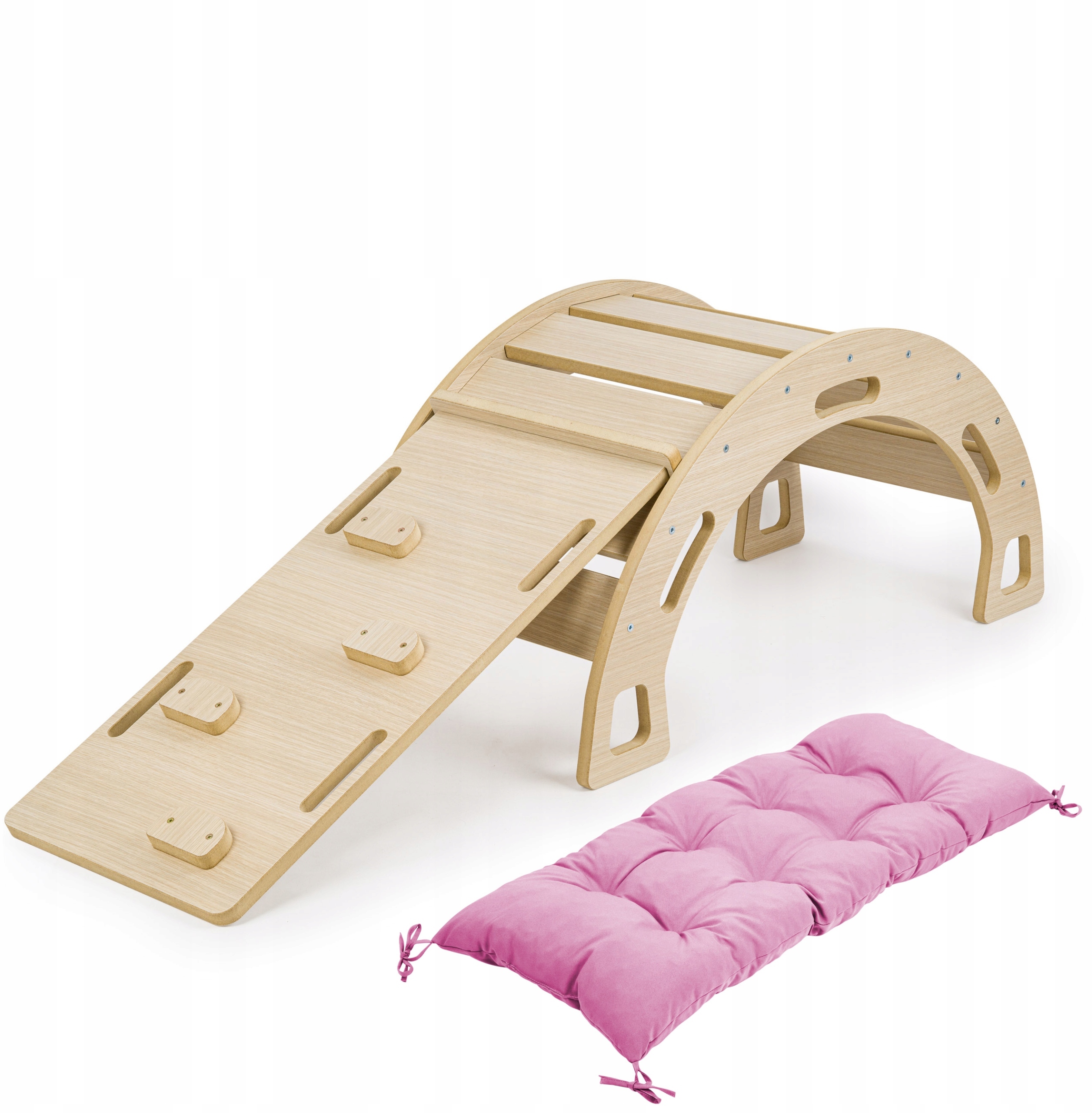 Bujak Montessori DĄB + zjeżdżalnia ze ścianką wspinaczkową + różowa poduszka – idealna zabawa dla Twojego dziecka