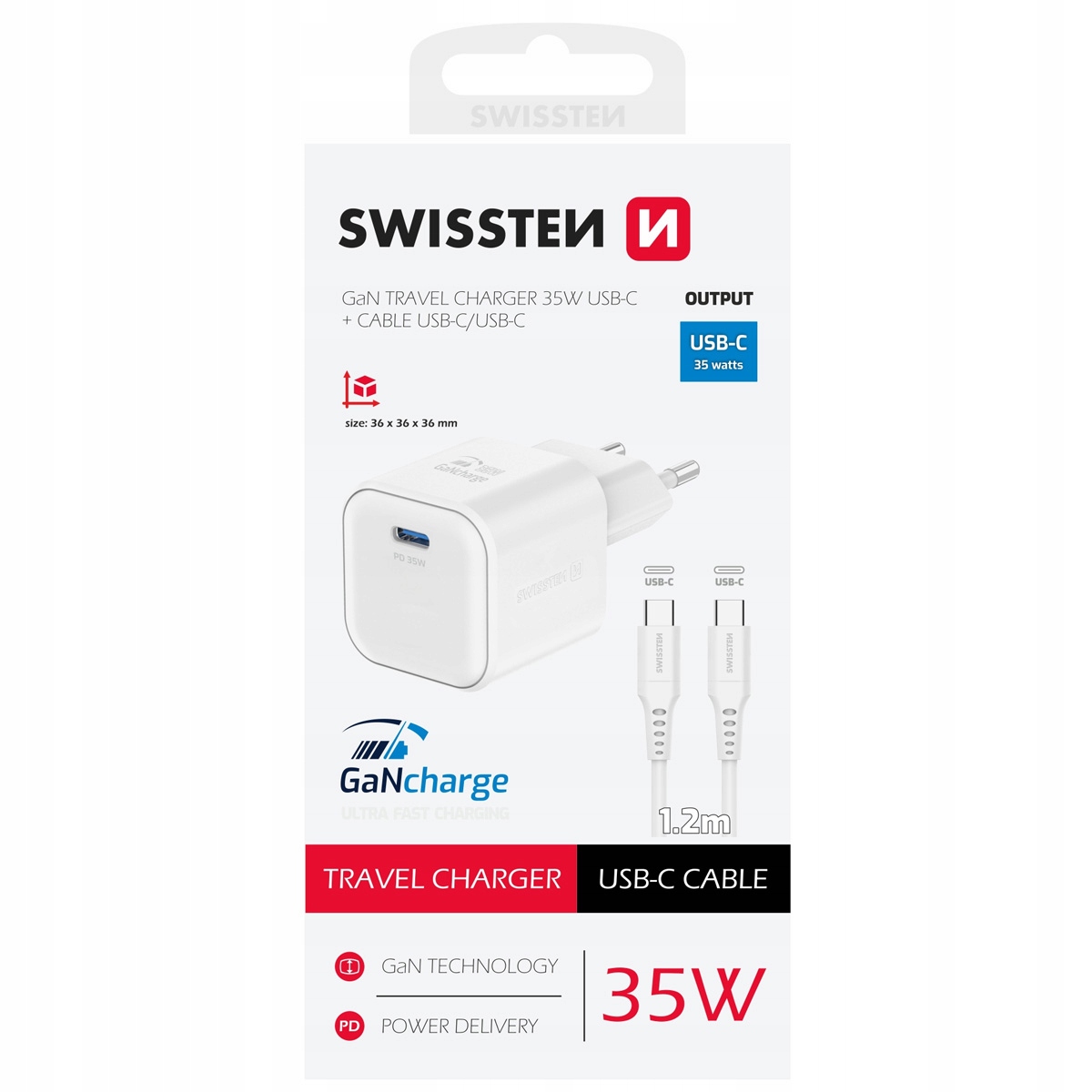 Swissten Travel Charger GaN USB-C 35W PD + Data Cable USB-C - USB-C 1.2m – Szybkie ładowanie w podróży