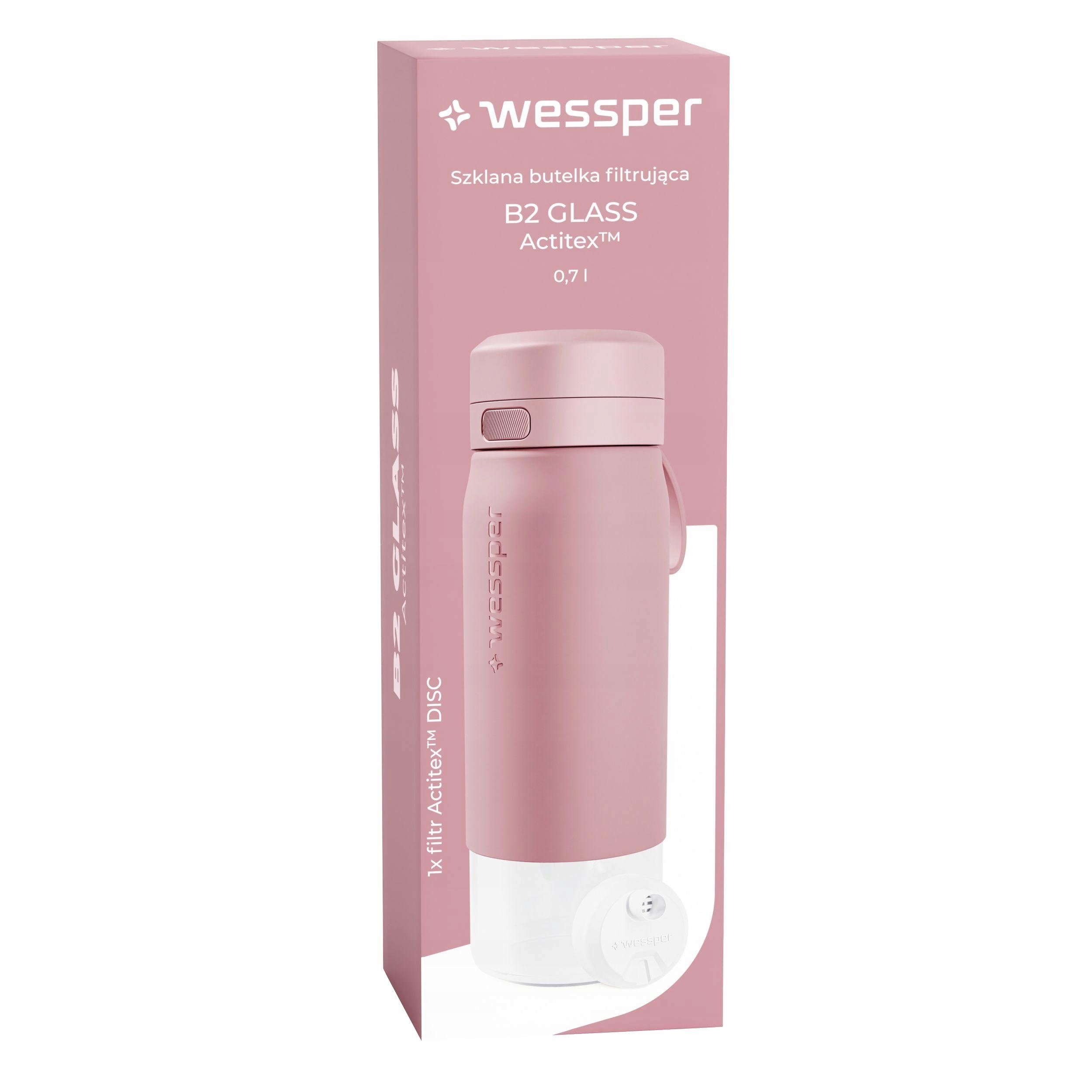 Butelka filtrująca Wessper B2 GLASS Actitex™ 700ml – Różowa elegancja i funkcjonalność