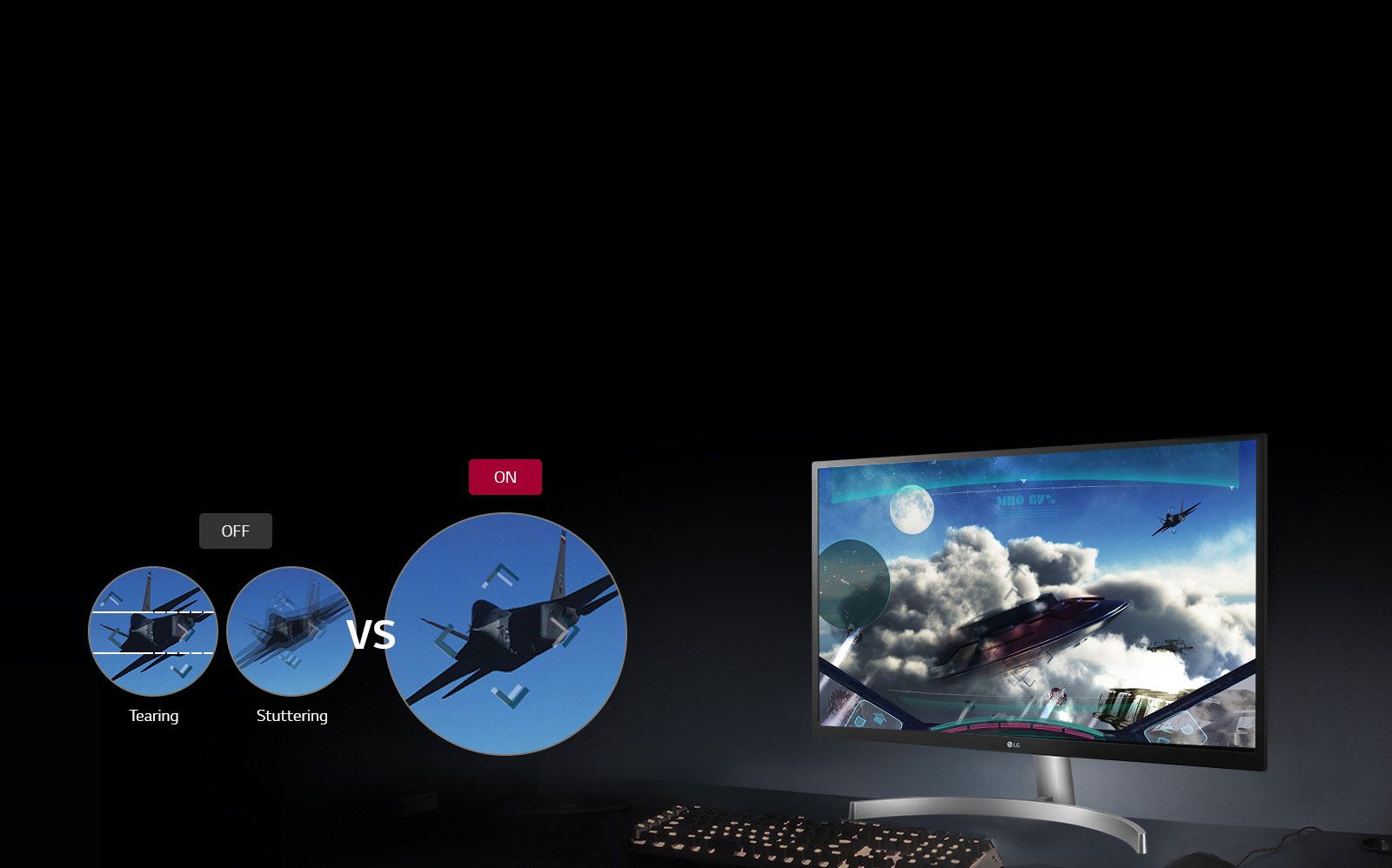 Monitor LG i klawiatura na biurku na czarnym tle, przykÅ‚adowa grafika ruchoma wyÅ›wietlana po lewej stronie.